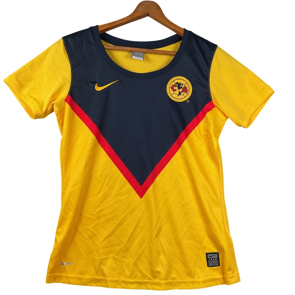 Nike Club America Soccer Jersey Womens Medium Yellow Navy Blue Nike Fit Dry